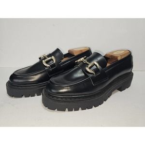 H&M Shoes Womens 42 Loafers Slip On Metal Lug Chunky Heels Black Leather
